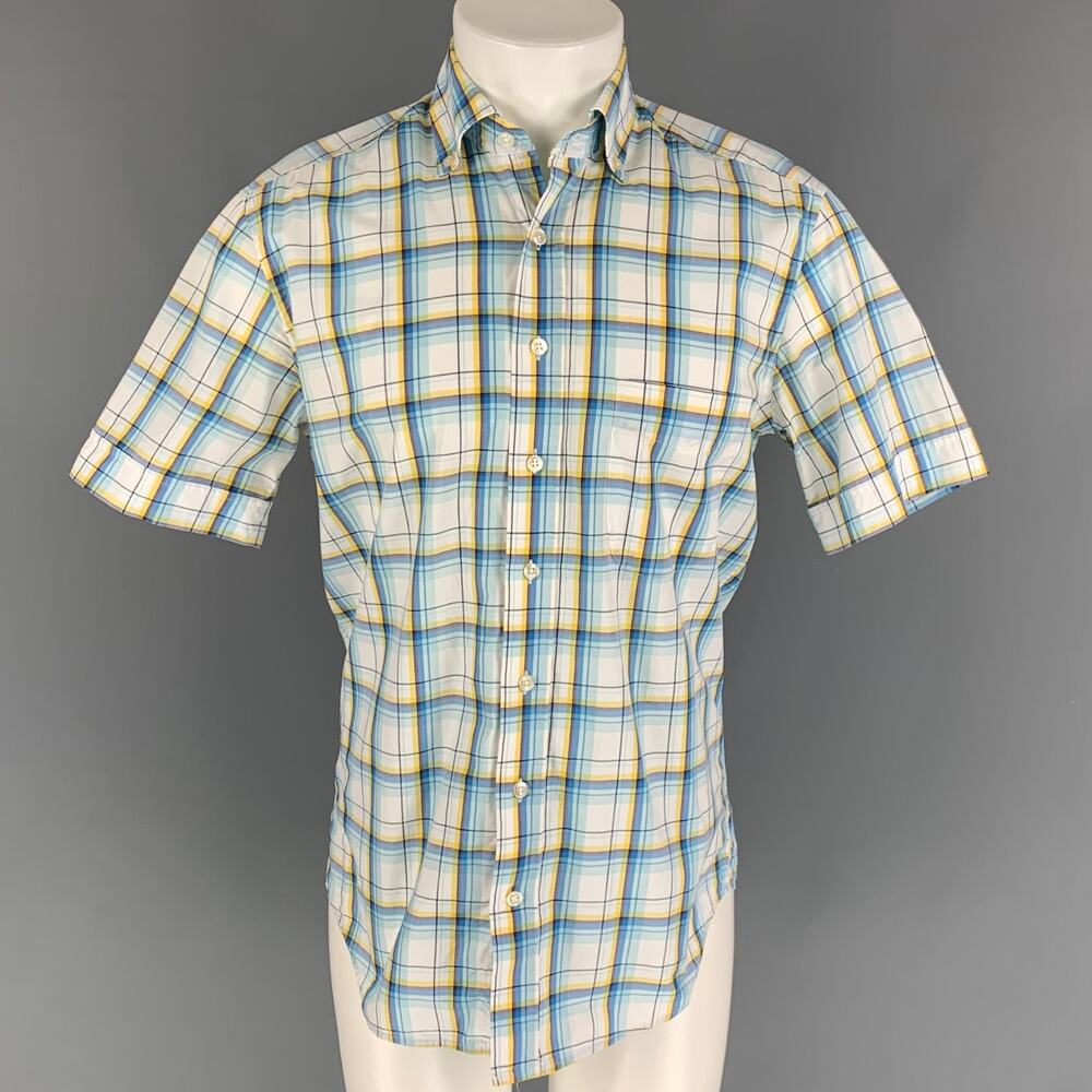 CAFE COTON Size M White Blue Yellow Plaid Cotton Short Sleeve Shirt